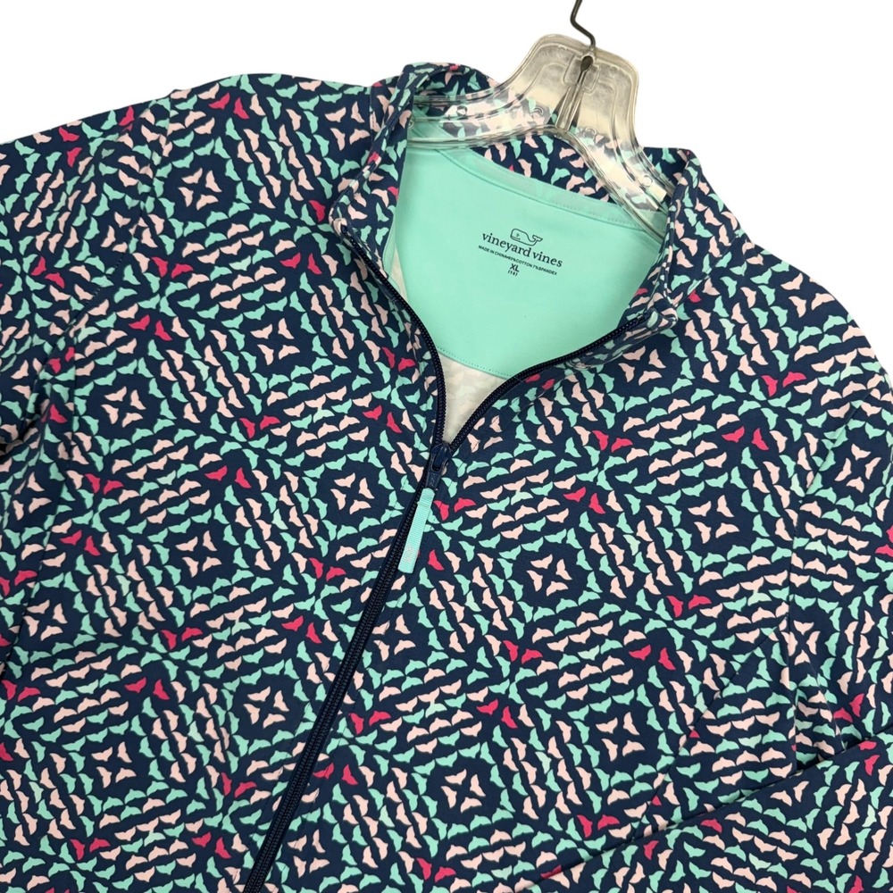 Vineyard Vines Full Zip Jacket Girls XL 16 Navy Pink Whale Tail Print Mock Neck